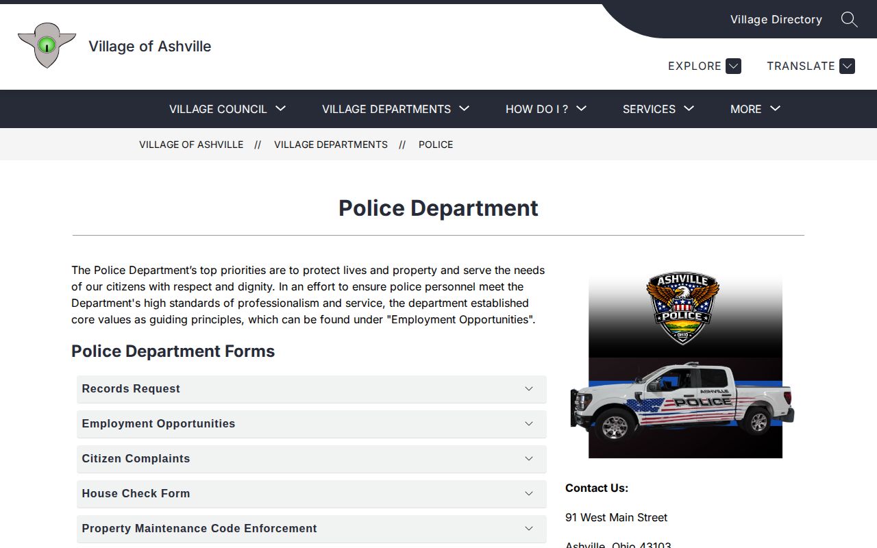 Ashville Police Department contact and records-link context for Ashville arrest records