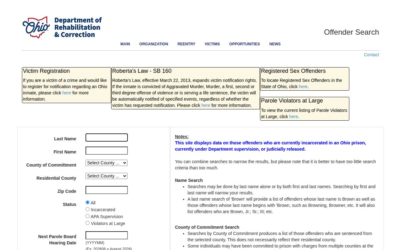 Ohio Department of Rehabilitation and Correction offender-photo search for Pickaway County record research