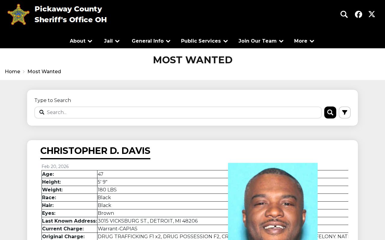 Pickaway County Sheriff Most Wanted photo-card and name-search interface